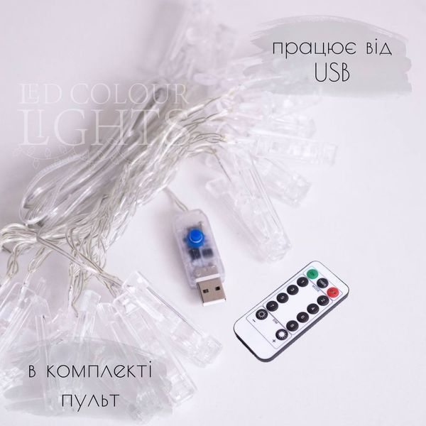Гірлянда "Двосторонні прищіпки" &ndash; 3 м &ndash; від USB з пультом &ndash; теплий білий Гірлянда "Двосторонні прищіпки" &ndash; 3 м &ndash; від USB з пультом &ndash; теплий білий фото